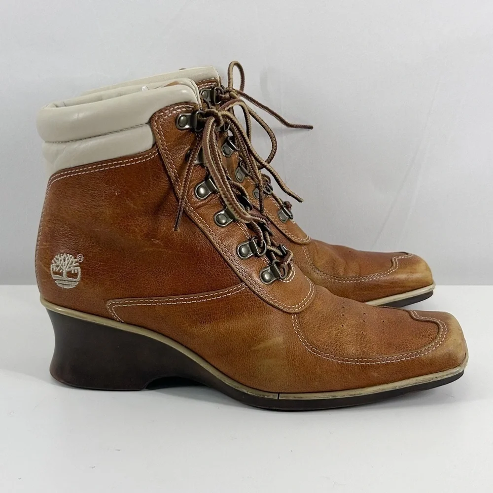 Timberland Brown Leather Wedge Lace Up Square Toe Ankle Booties Size 7.5